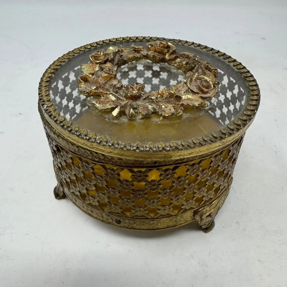 Vtg Ormolu Gold Filigree Rose Jewelry Box Hollywood Regency Footed Trinket Case